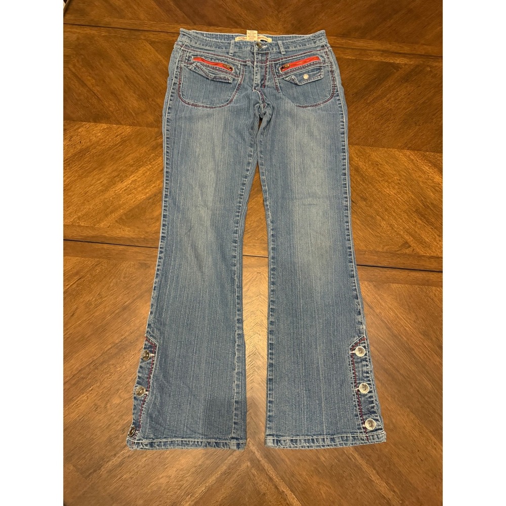 Apollo Jeans Womens 11/12 Blue Denim Flare Red Stitch Zipper Pocket Y2K Vintage